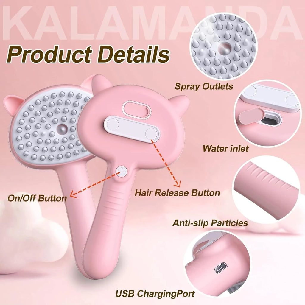 Cat ear-shaped steam brush with soft rubber bristles and release button in blue colour
