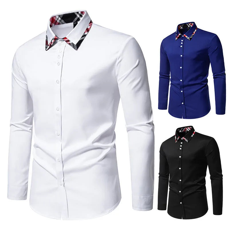 Men's casual blue plaid long sleeve shirt with a triangle collar, laid flat