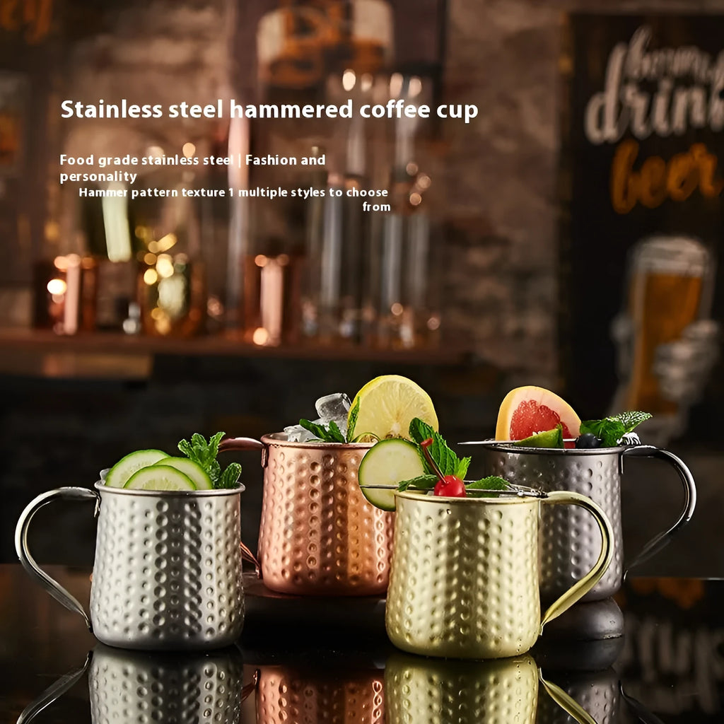 Stainless steel Moscow Mule cup with copper plating in hammer point style showing metallic finish.