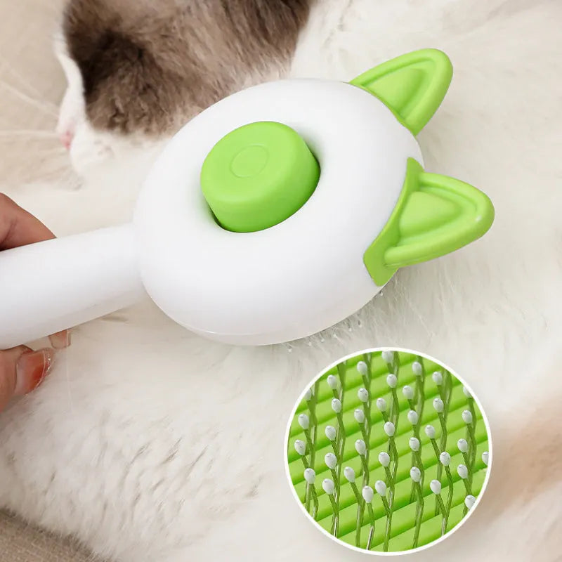 Self-cleaning pet grooming comb for cats in greenish white colour with stainless steel teeth