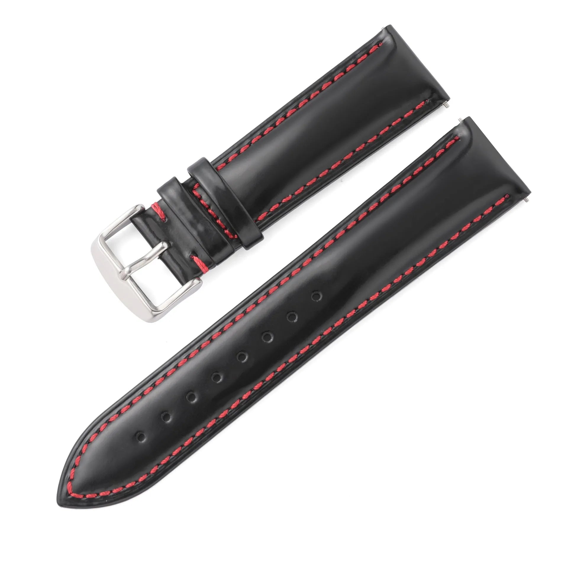 Quick release cowhide leather watch strap in black and white line colour on a watch.
