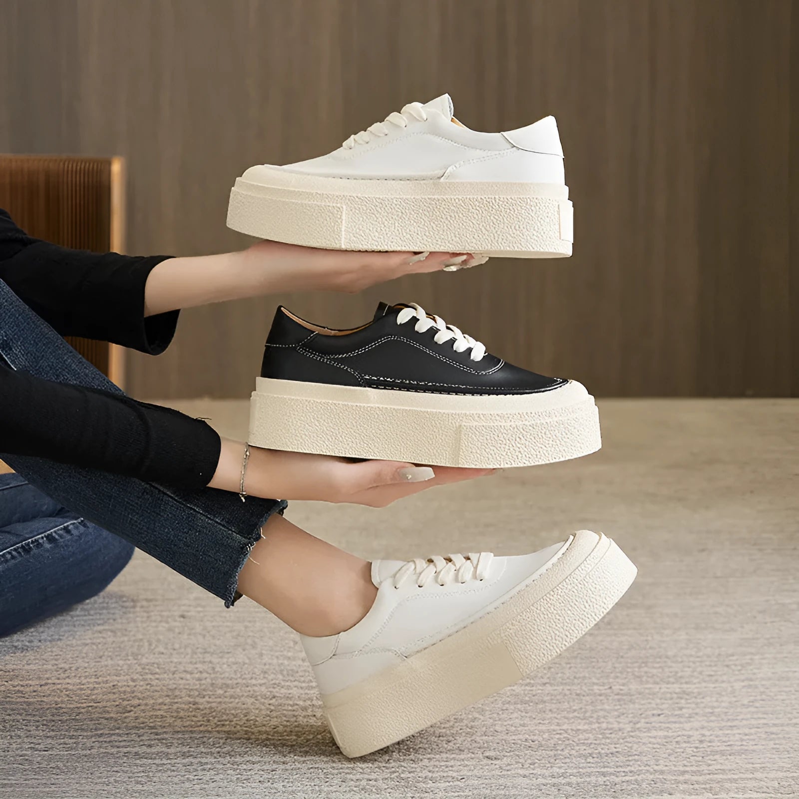 Women's black platform sports board shoes with cowhide leather upper and round toe design