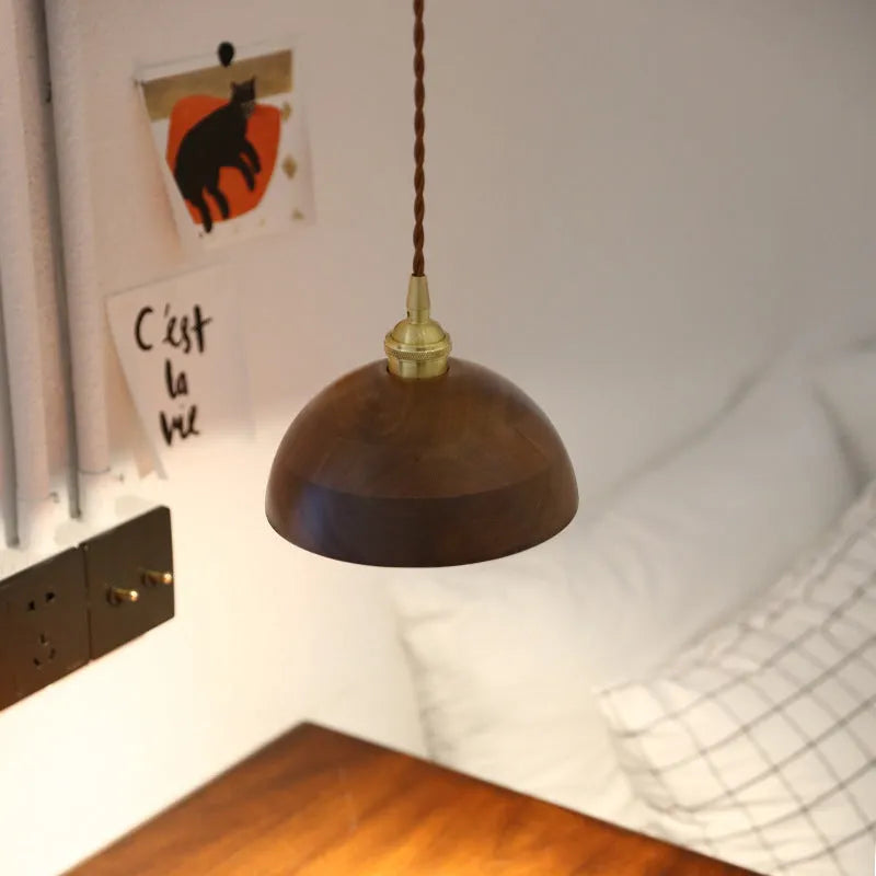 Single-head black walnut style droplight chandelier with copper wood art construction and E27 lamp holder.