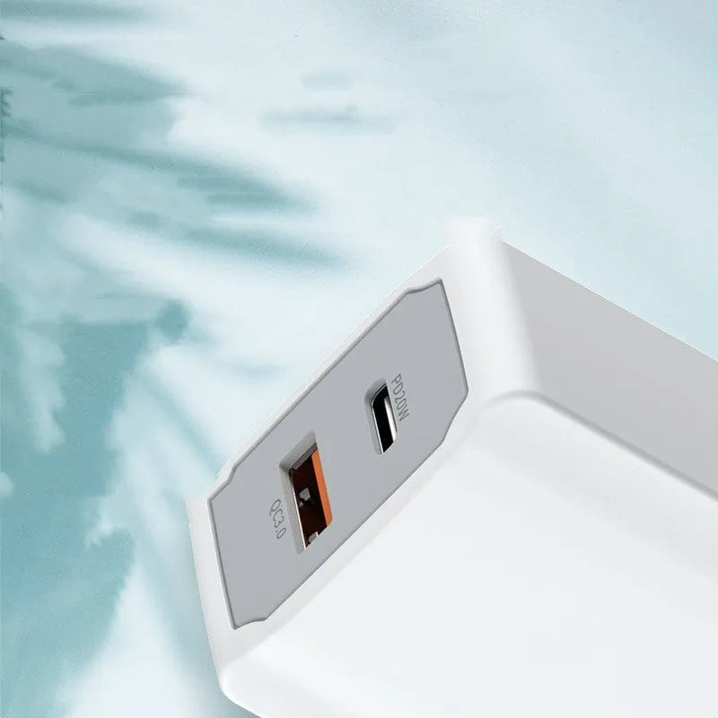 White European fast charger set with ABS PC housing showing 42mm compact dimensions