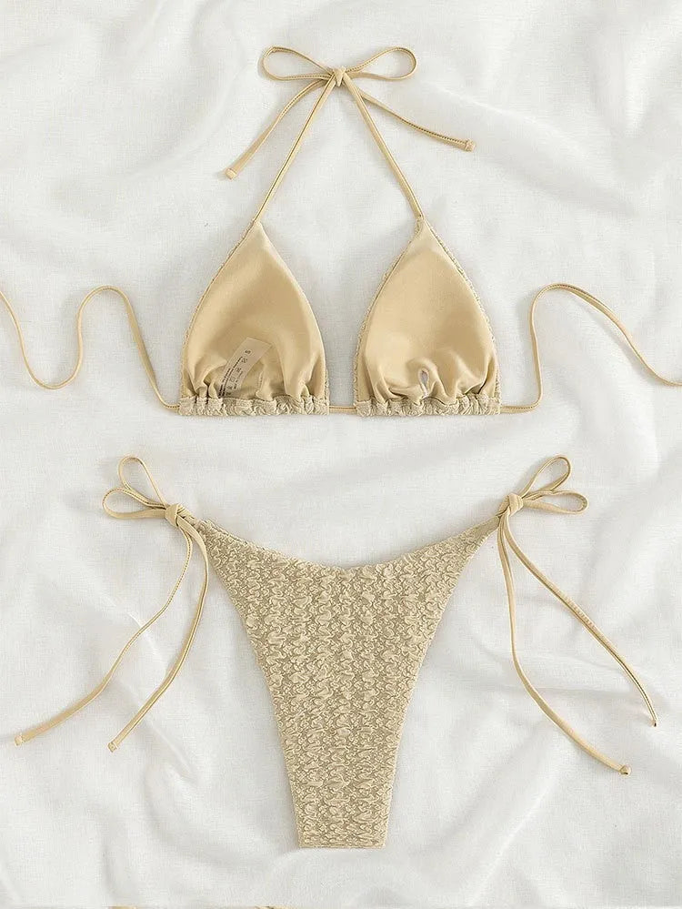 Women's khaki high waist bikini with lace-up side detail on the shorts and a sleeveless top.