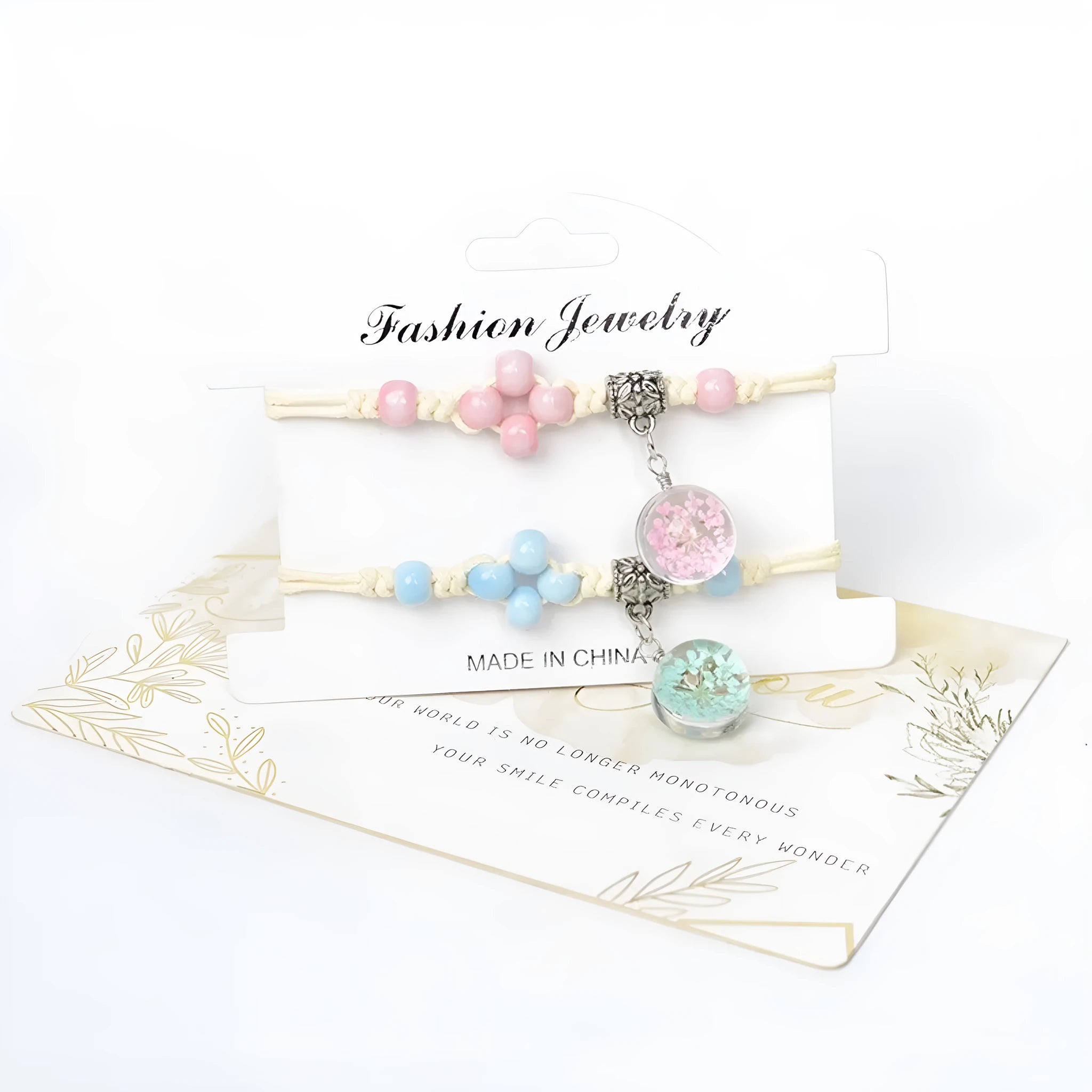 Hand-woven glass bracelet with large 1.4cm beads containing dried real flowers, shown in multiple colour options.