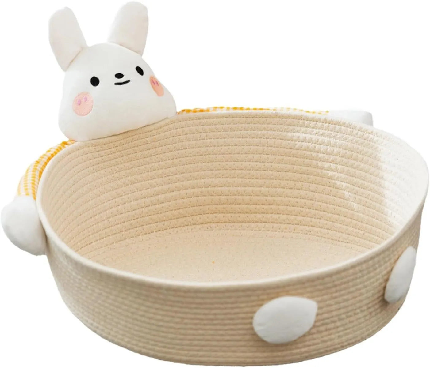 Woven cotton rope cat bed basket with integrated scratching surface in bear print design