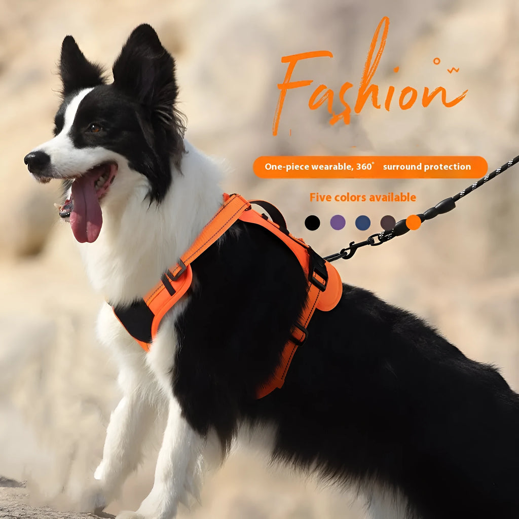 Reflective dog harness with explosion-proof hand-holding rope in orange colour showing vest design and secure grip