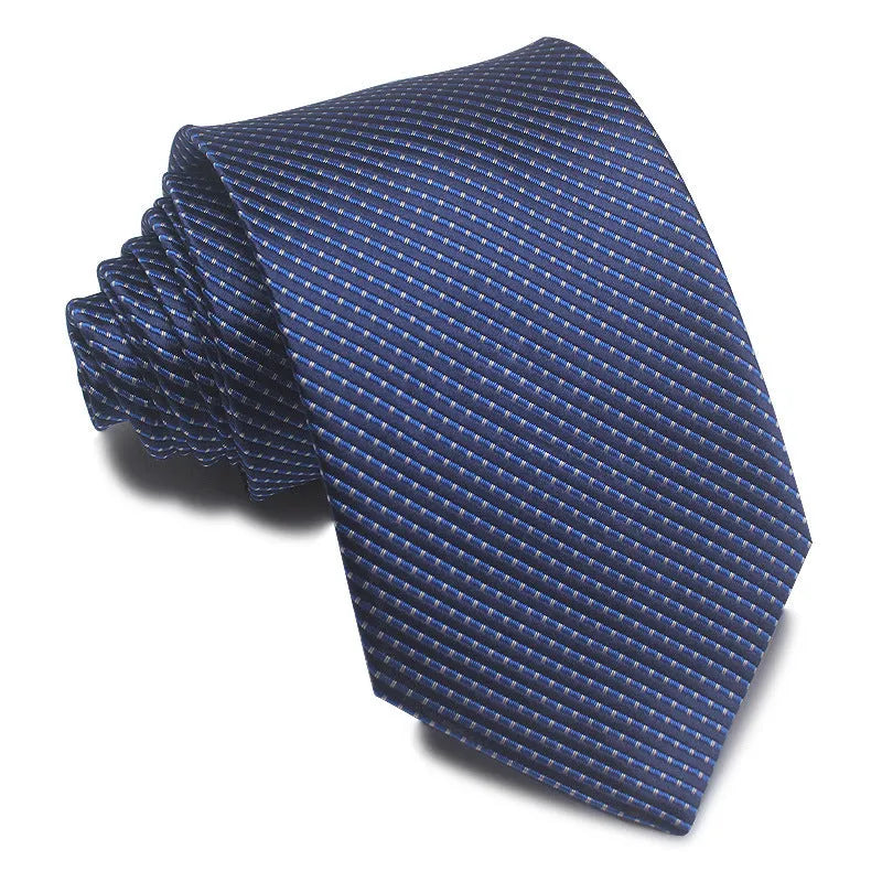 Men's red and black striped polyester jacquard tie with an arrow shape laid flat