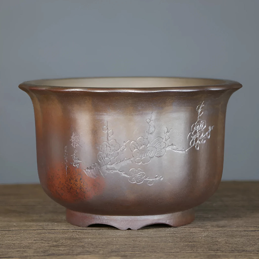 Large indoor ceramic flower pot with wood burning antique carved finish and purple sand material