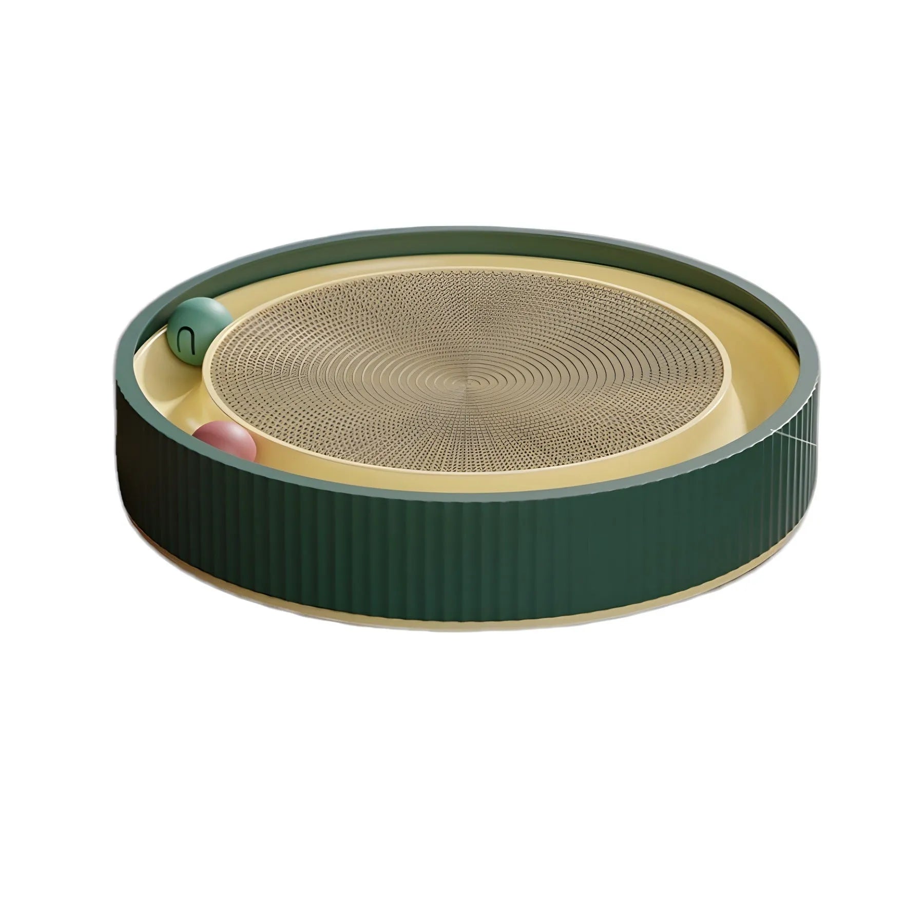Large green cat scratching board with ball toys measuring 45cm diameter for indoor cats