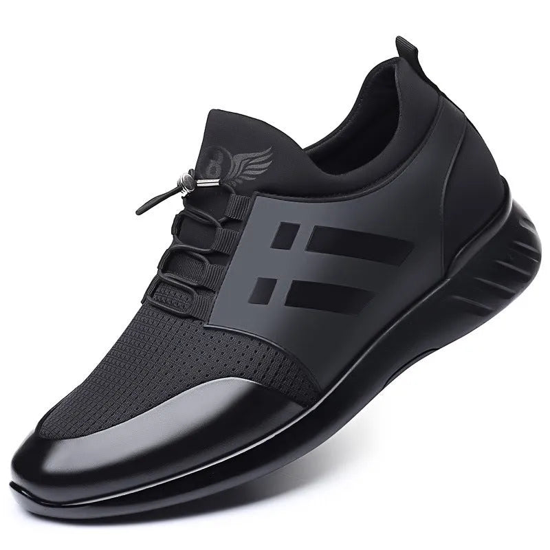 Men's black casual height increase shoes with chunky rubber sole, shown in leather, mesh, and Lycra upper options.