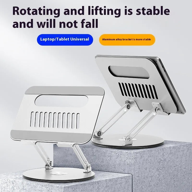 Silver aluminium alloy laptop stand showing height adjustment and rotation features