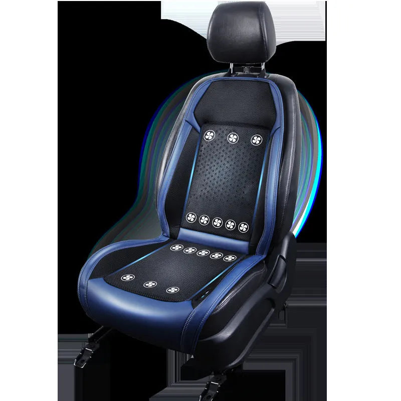 Black minimalist car seat cooling pad with USB cable for ventilation and massage functions on a car seat
