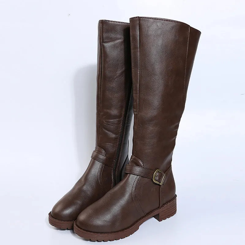 Women's knight boots high boots with square heel and belt buckle detail in artificial PU material