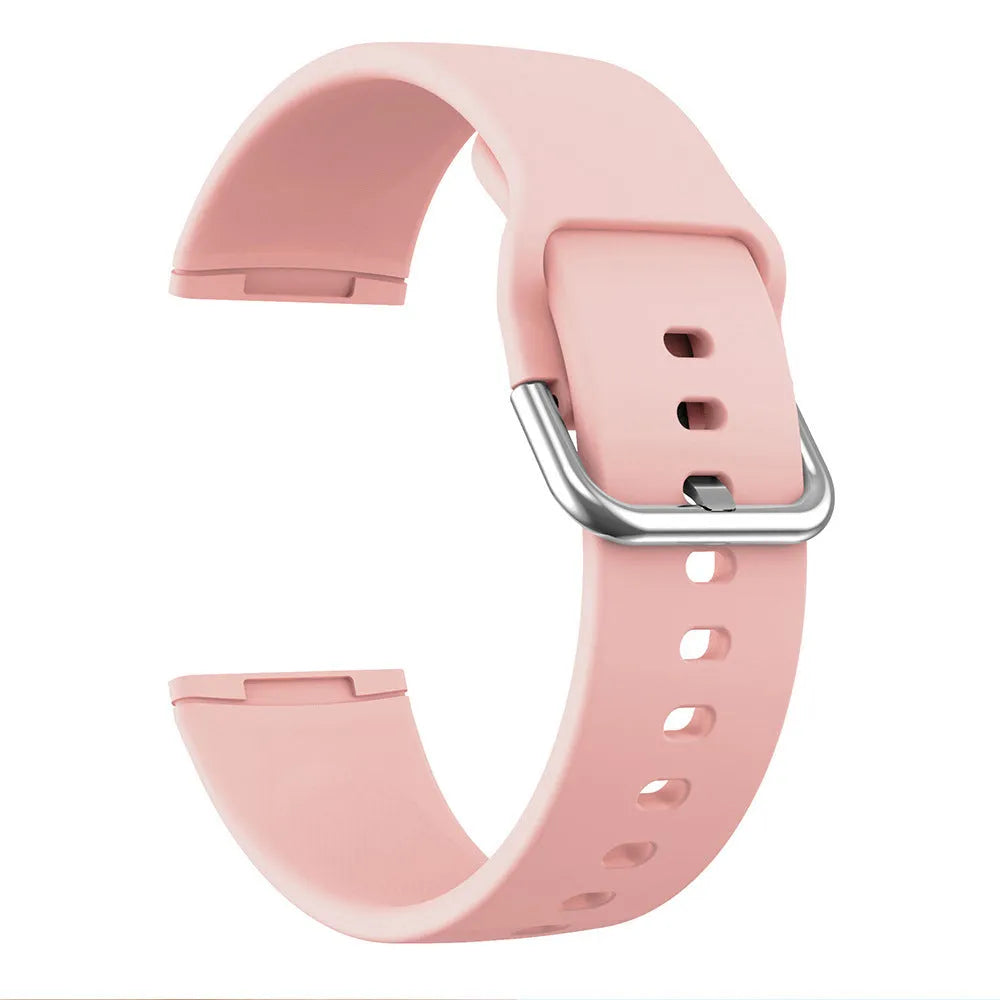 Silicone replacement strap with silver buckle for Fitbit Versa 3 and Sense 2 in a selection of solid colours.