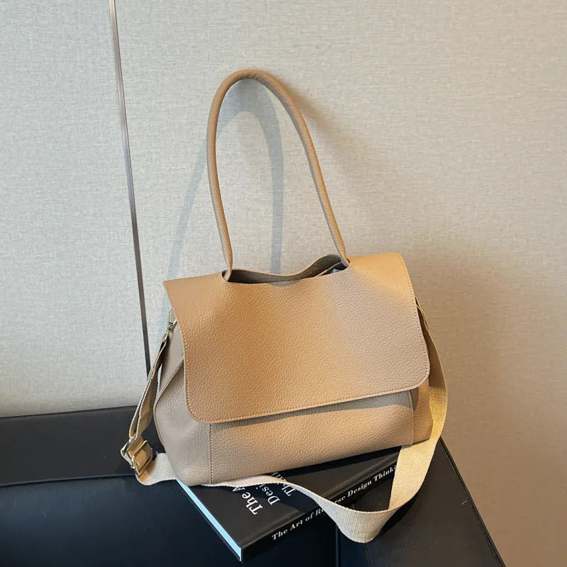 Horizontal square PU leather tote bag in vintage casual style with double shoulder straps.