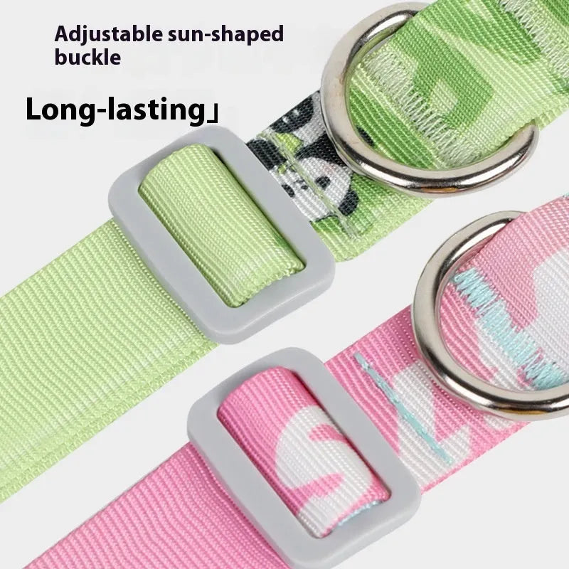 Nylon dog collar with cartoon gradient pattern showing adjustable sizing and panda green colour option