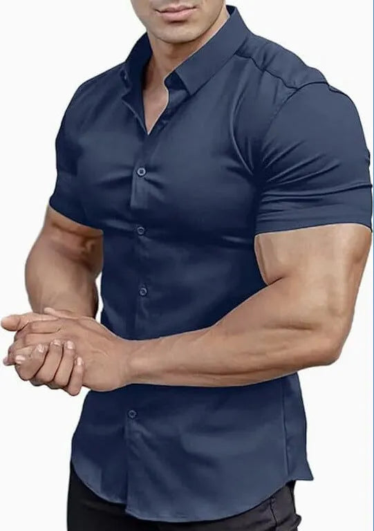 Men's brown short sleeve casual cardigan shirt with a collar.