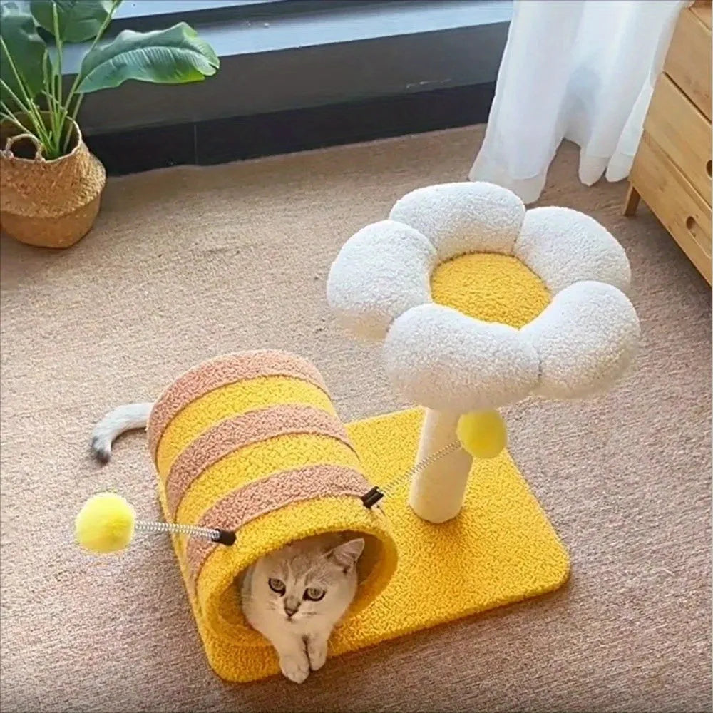 Yellow bee-shaped cat climbing frame with sisal scratching post and tunnel