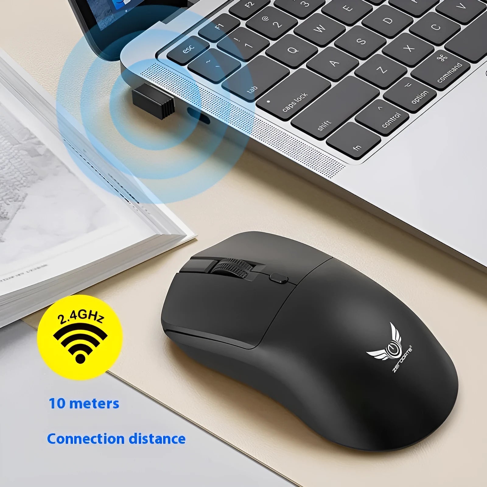 Black wireless computer mouse with three-gear audio control buttons on side