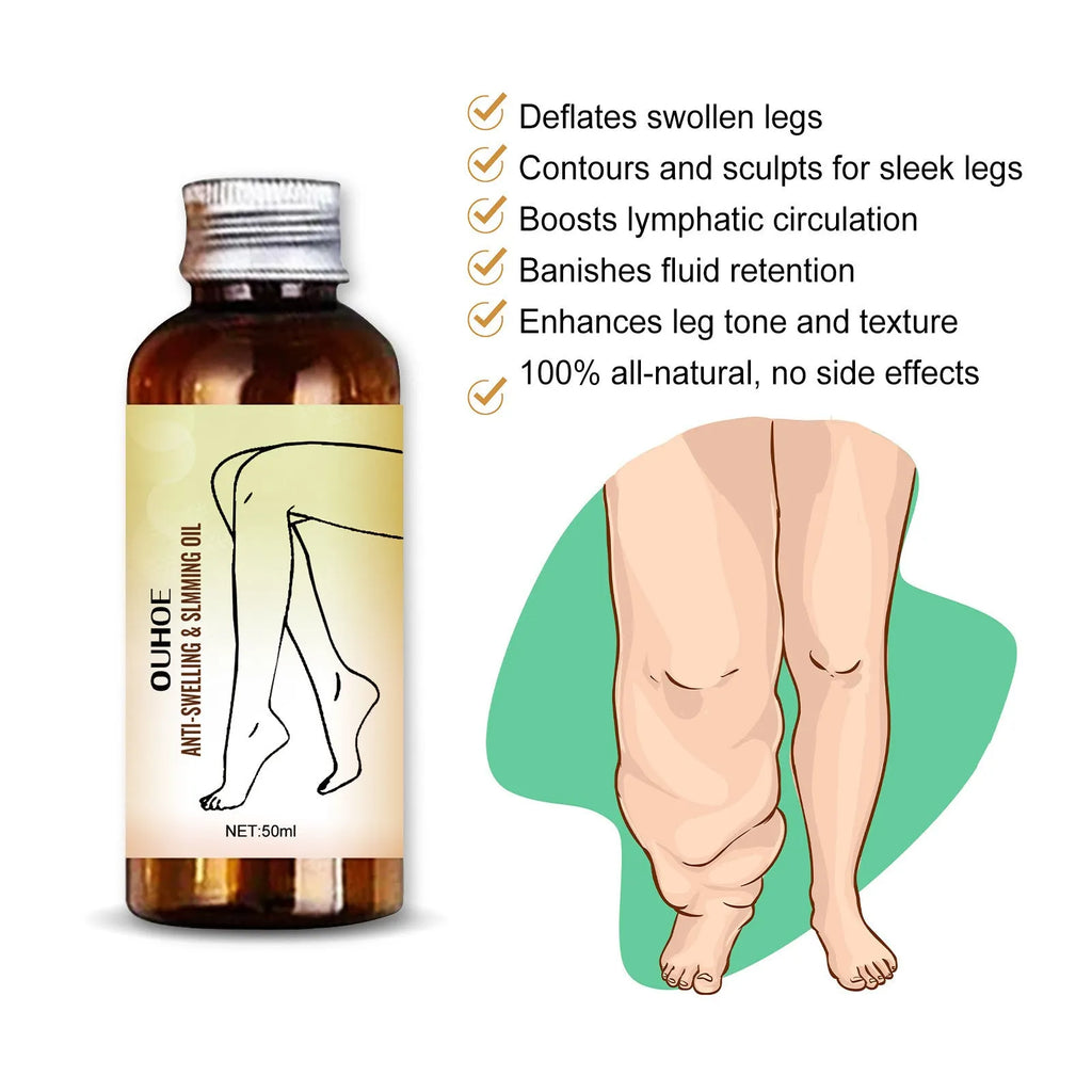 50ml bottle of botanical body moisturising oil with six extracts for skin care and leg massage