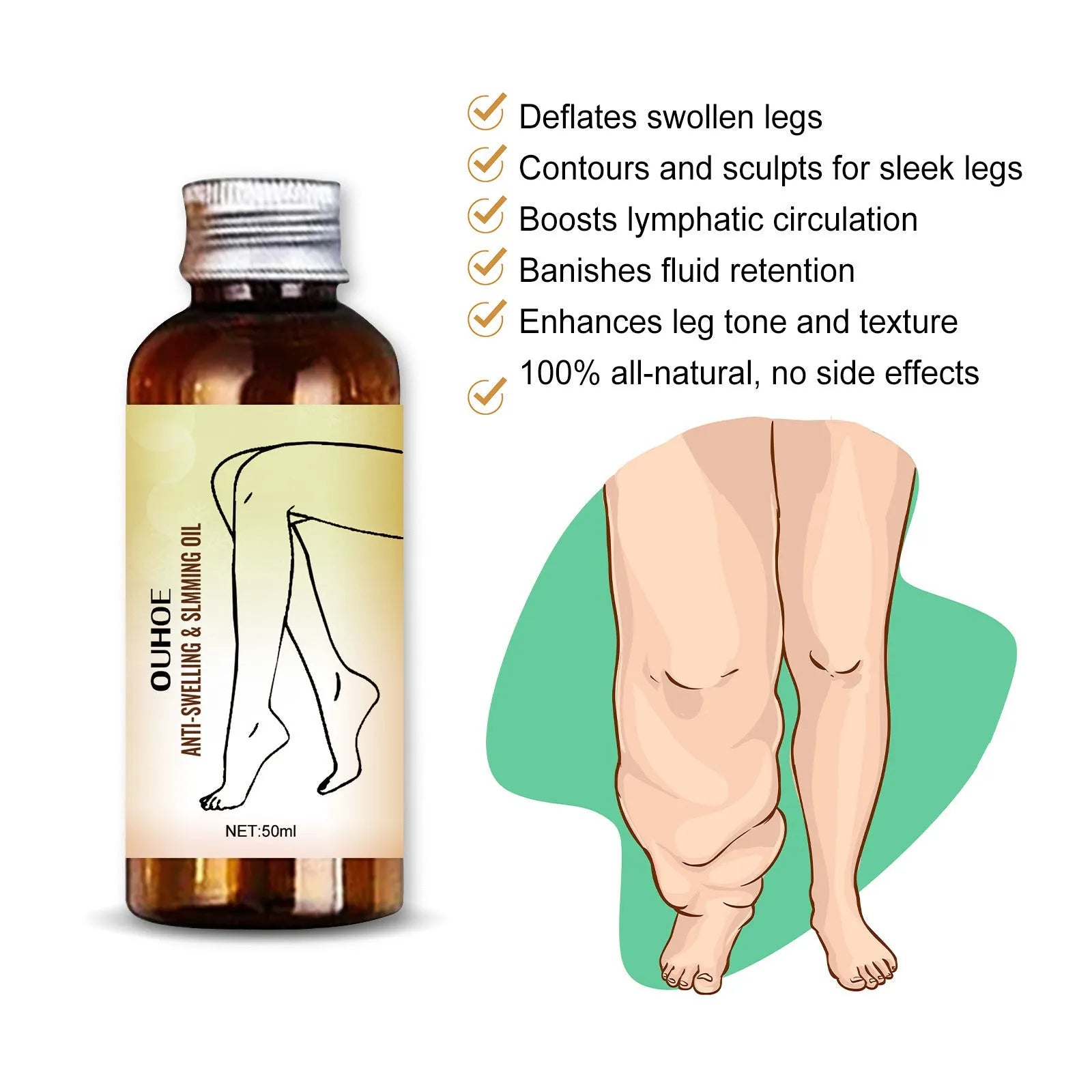 50ml bottle of botanical body moisturising oil with six extracts for skin care and leg massage