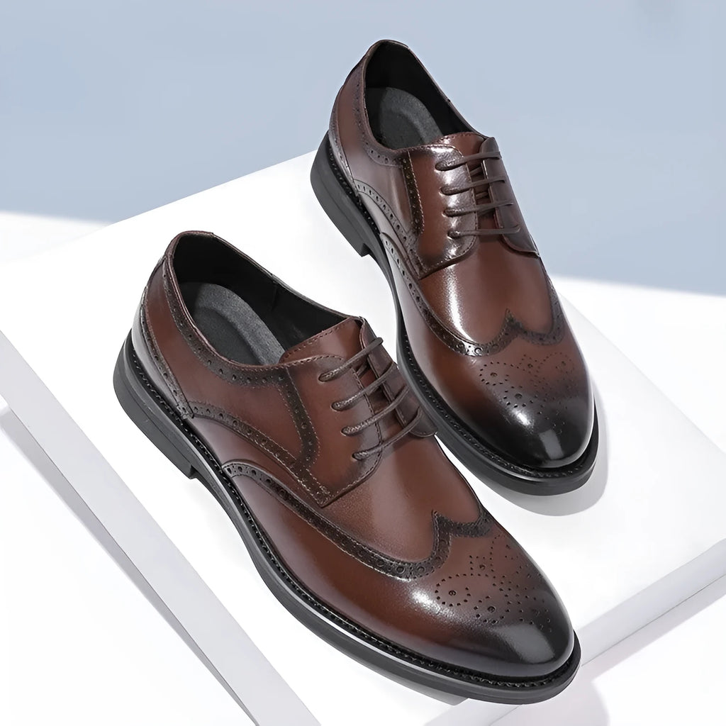 Men's black and brown brogue leather shoes in business style with traditional detailing