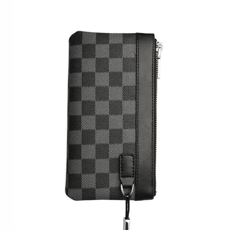 Black plaid men's leather clutch wallet showing dimensions and cowhide texture