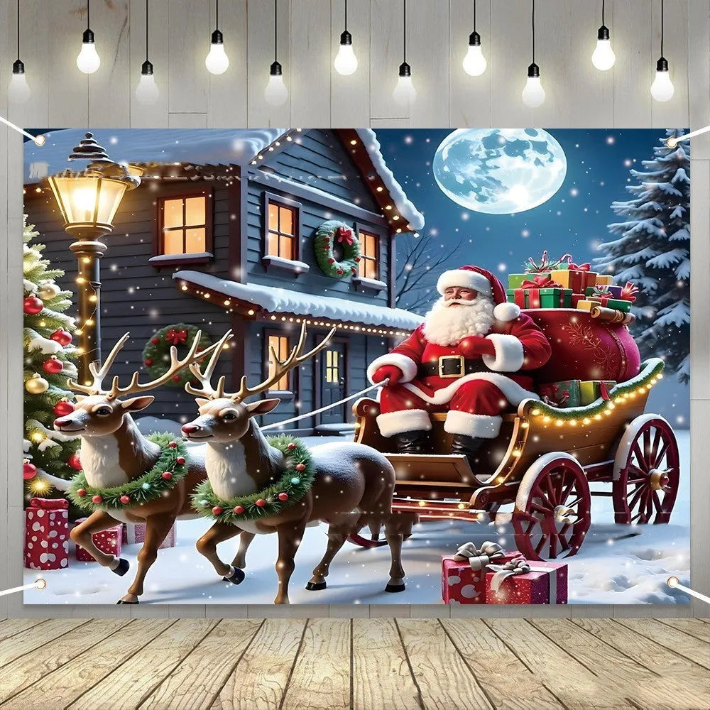 Large rectangular Christmas banner with Santa Claus night scene design, measuring 210cm by 150cm.