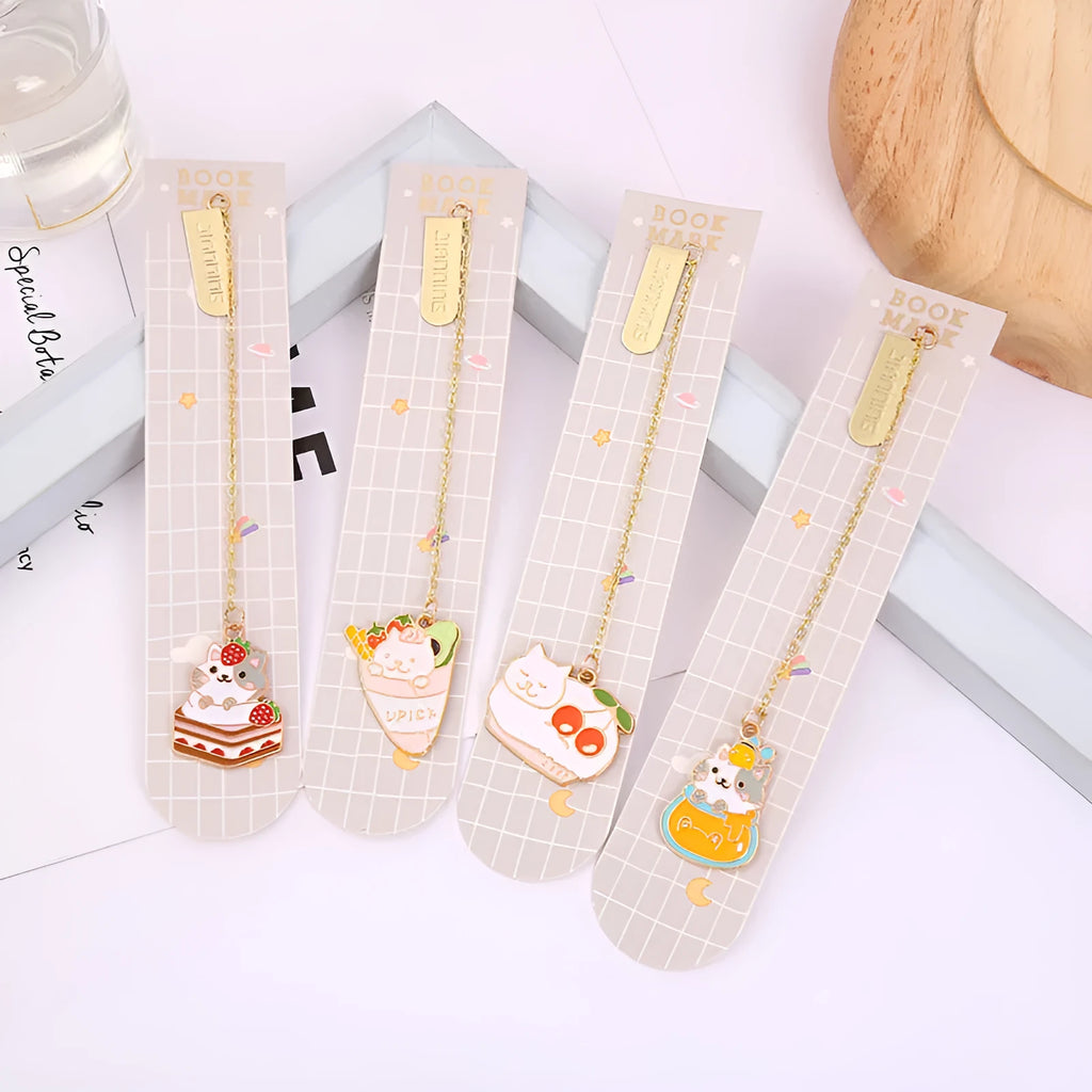 Jane Lime foodie cat metal bookmark with cartoon pendant in one of four food-themed designs