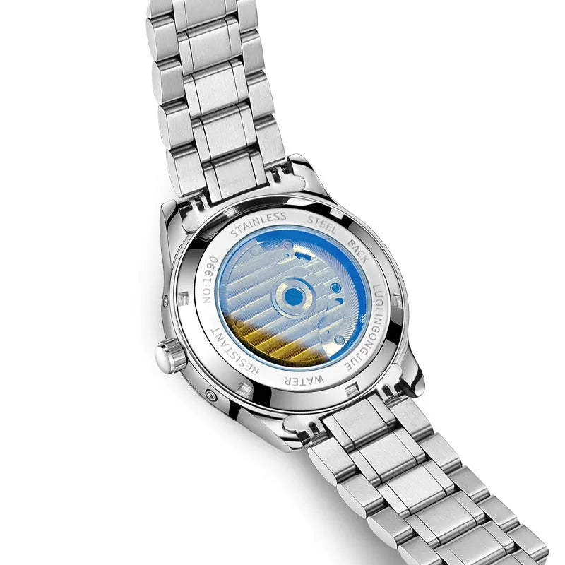 Men's stainless steel mechanical watch with sapphire crystal glass and genuine leather strap