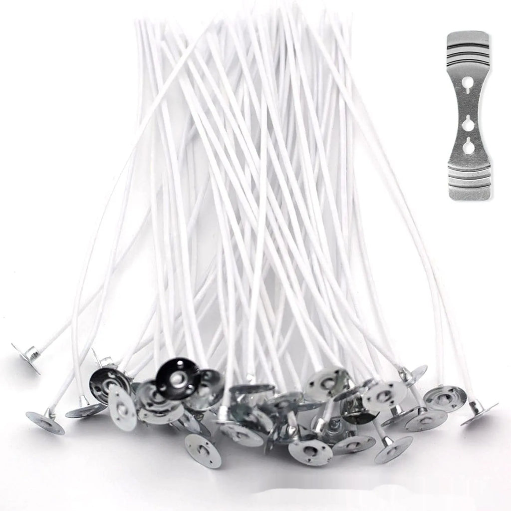 White cotton candle wicks in three lengths - 2.6cm, 6cm, and 8cm - for DIY candle making projects