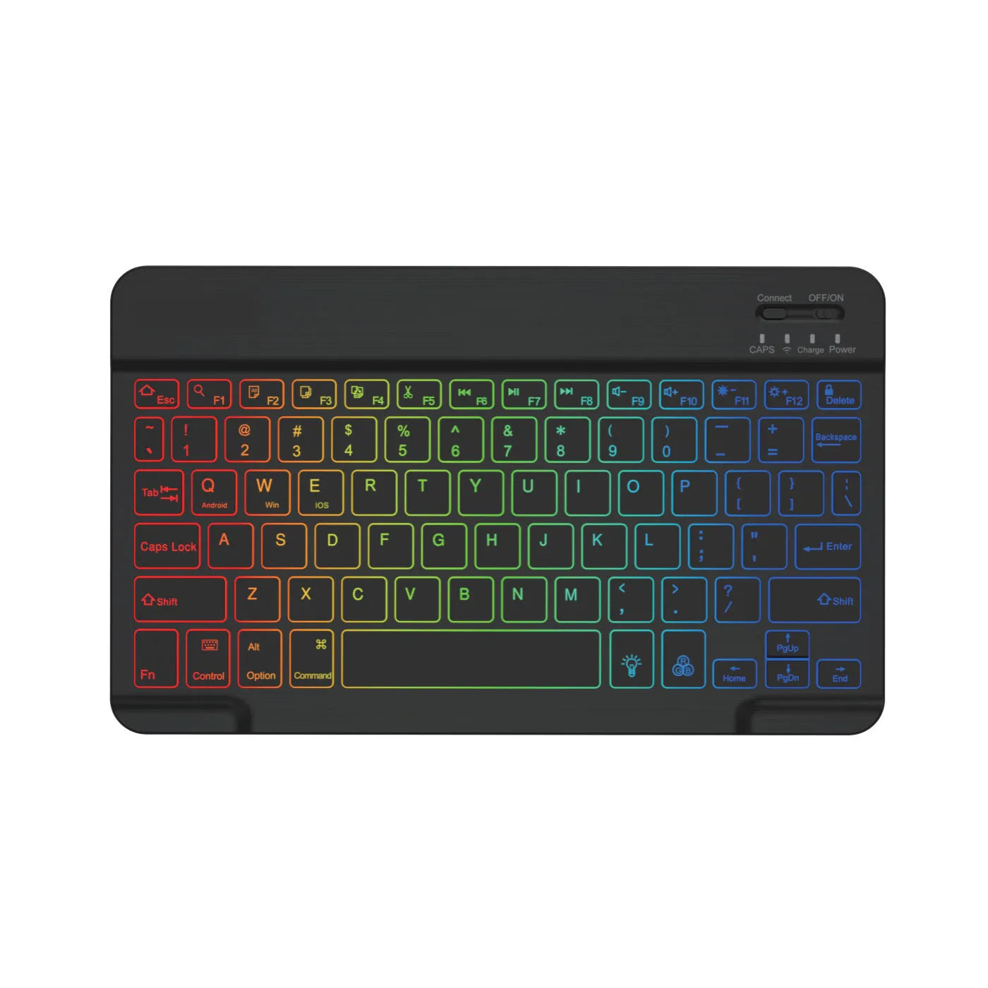 10-inch backlit Bluetooth keyboard for tablets showing eight colour options including black, white, pink, blue, green, purple, yellow, dark green
