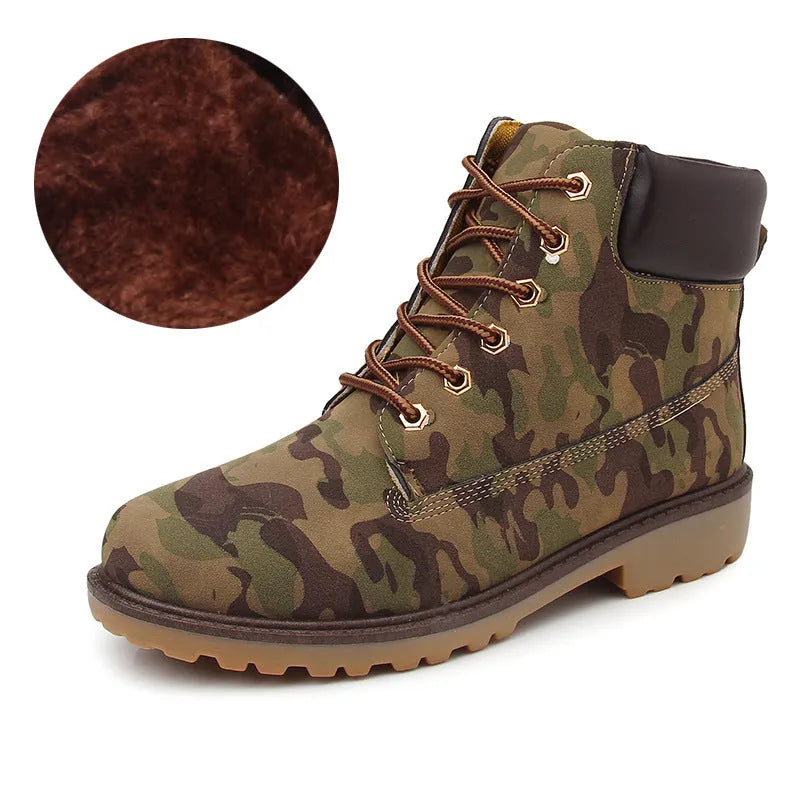 Pink men's high-top Martin boots with velvet lining and flat 1-3cm heel on round toe