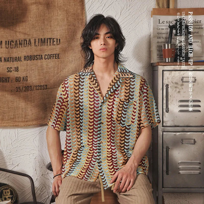 Grey Japanese-style men's shirt with a Cuban collar and textured jacquard pattern, short sleeves.