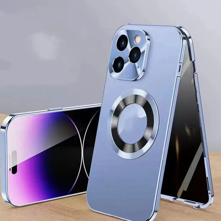 Magnetic iPhone case with anti-peep metal clip in black, blue, gold, purple and silver colour options