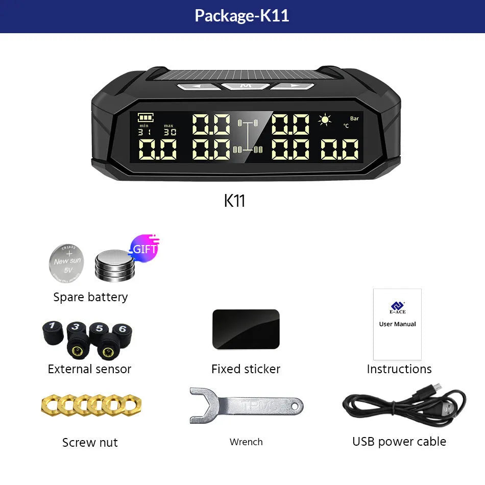 Solar external tyre pressure monitor for six tyres with colour LCD display and wireless sensors