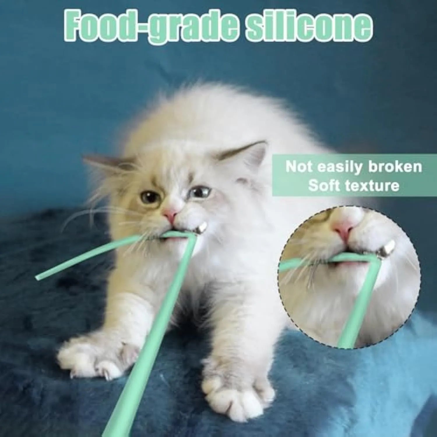 Automatic electronic cat wand toy with swinging silicone tail on a green background
