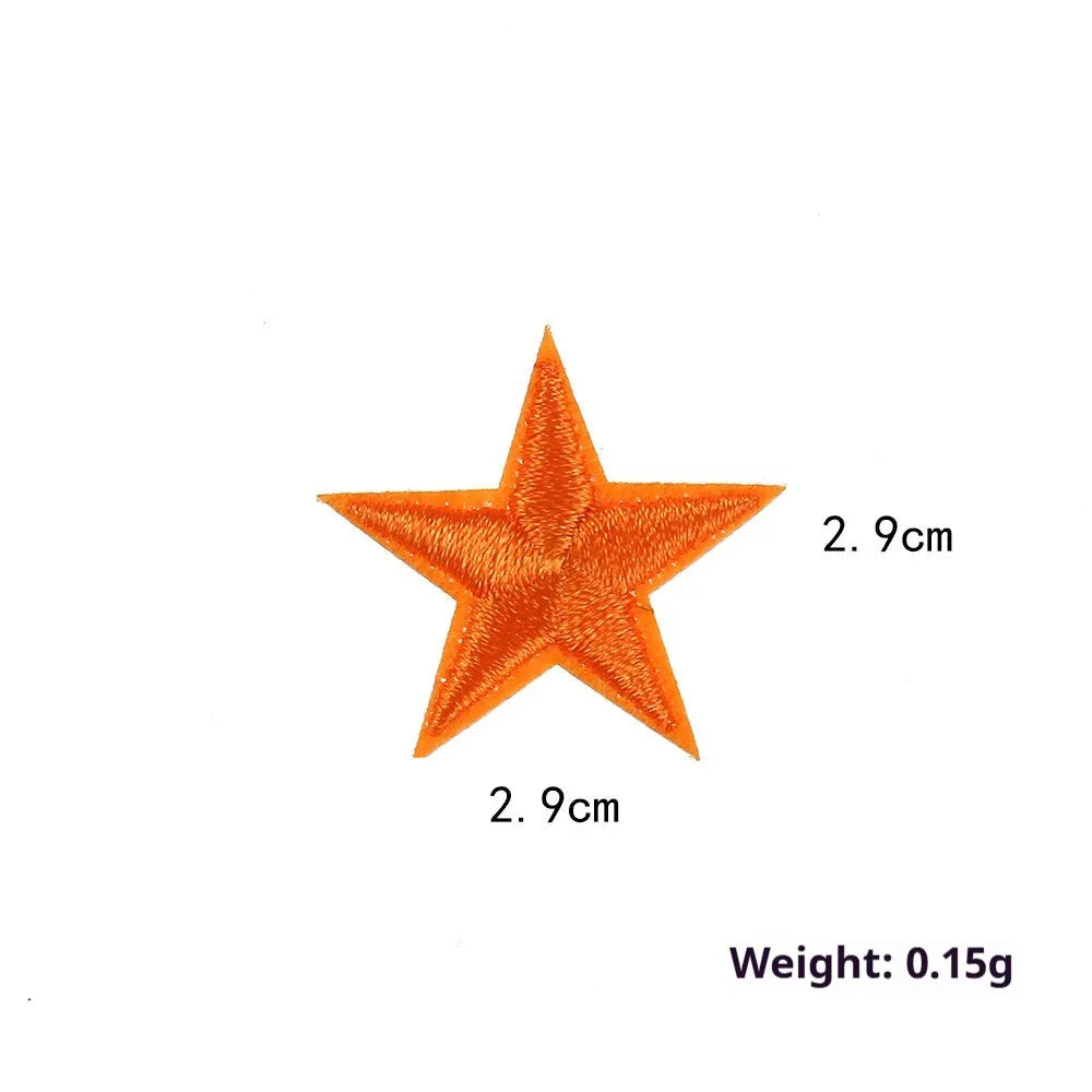 Colourful embroidered five-pointed star designs on cloth sticker labels for DIY clothing customisation.