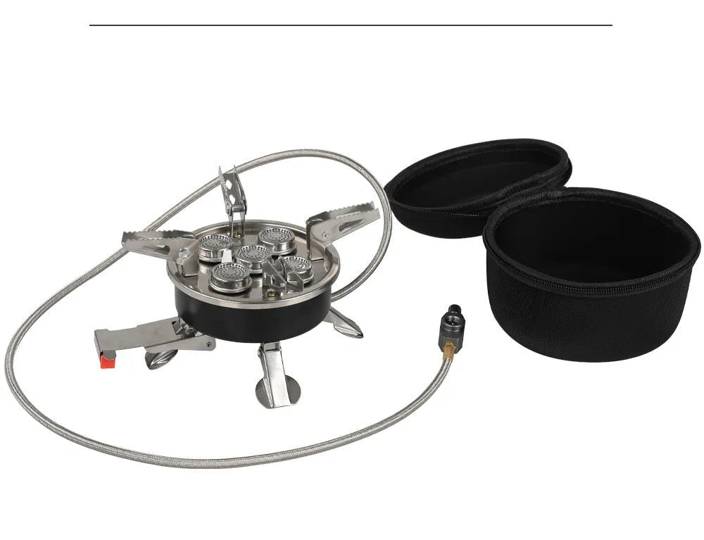 Silver portable split camping stove made of stainless steel and copper, showing its compact size and 100cm connecting hose.