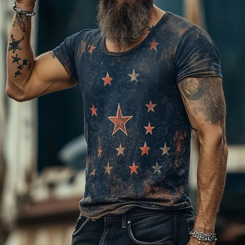 Man wearing a loose-fit short sleeve T-shirt with a raised 3D creative pattern in an art retro style.