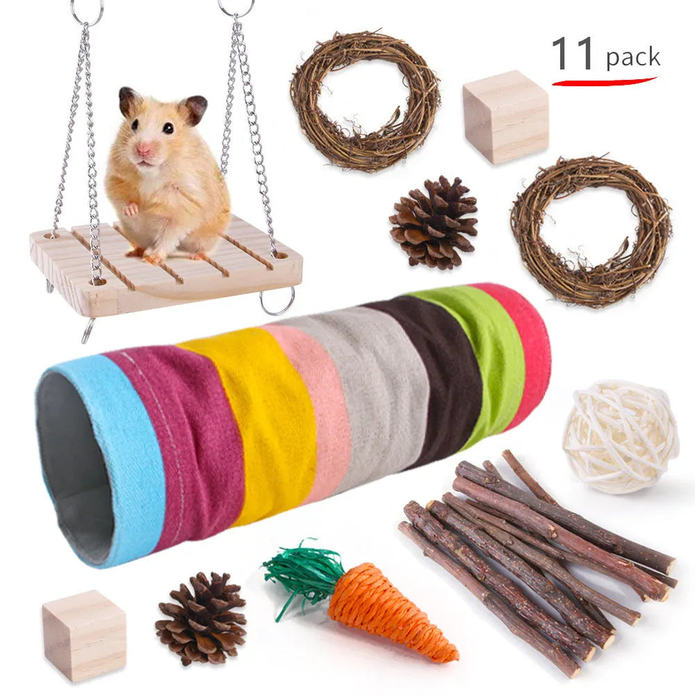 Wooden chew toy sets for rabbits, guinea pigs and parrots with various natural components