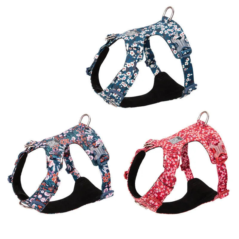 Floral pattern pure cotton dog chest harness shown on a model, demonstrating the pull-resistant strap design.