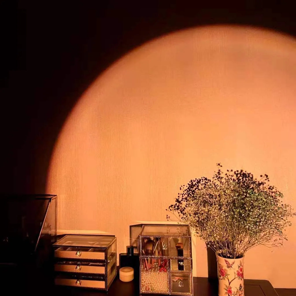 USB rechargeable rainbow projection lamp with sunset red colour and push-button control