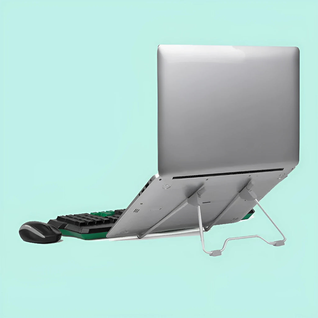 Grey aluminium alloy and plastic adjustable stand holding a mobile phone and a laptop.