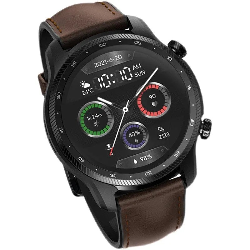 Black Ticwatch Pro X smart watch on wrist showing 47mm case and dual-layer display