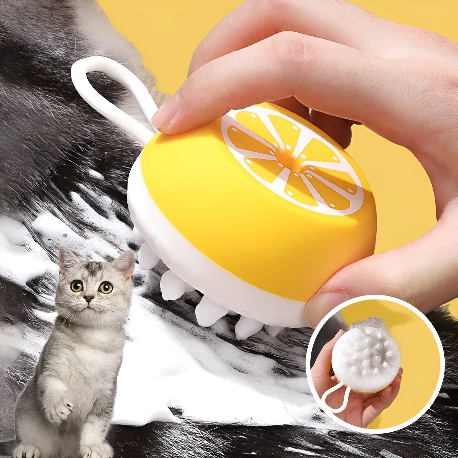 Yellow silicone pet bath brush with massage head design for dog and cat grooming during bath time