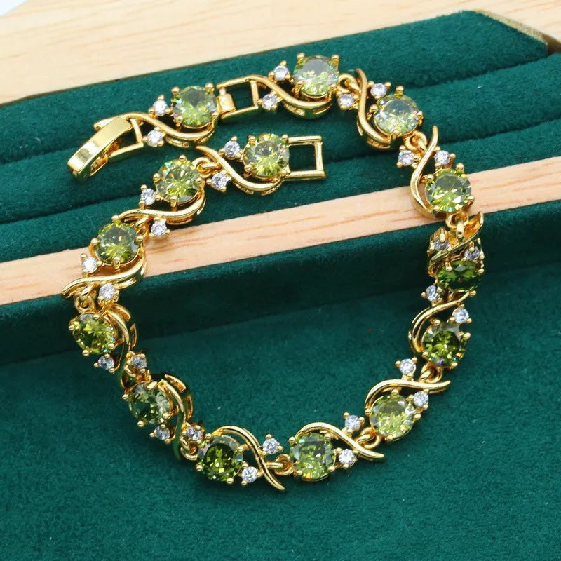 Full zircon women's jewellery suit with snake bones chain necklace, earrings, and ring in olive green or red electroplating