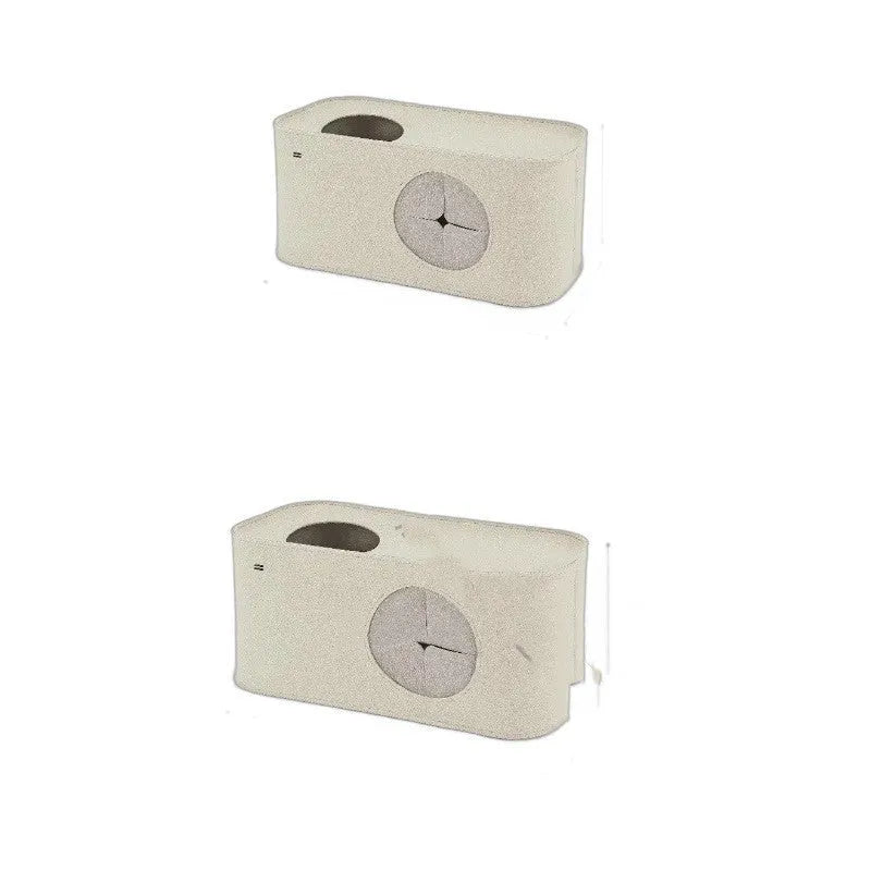 Khaki foldable felt cat bed showing its size next to a cat, with a second image showing it folded flat.